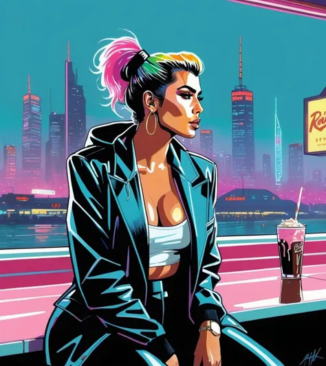 (Kim Kardashian,a girl with a beautiful face), nighttime, cyberpunk city, dark, raining, neon lights, ((Wearing a blazer over a hoodie)), blazer, hoodie,(cyberpunk 2077 cityscape), (<lora:Syd Mead Style:0.5> Syd Mead Style,<lora:pastel_colors_xl_v1:0.5> pastel colors ), cyberpunk 2077, cyberpunk, synthwave, 1980s, futurism, brutalism, neuromancer, cinematic photo,, art by Jakub Rozalski, 1920+ Poland,in a 1950s diner, cherry cake, chocolate milkshake, hamburger on a plate,detailed hair, windblown hair, rainbow colored hair