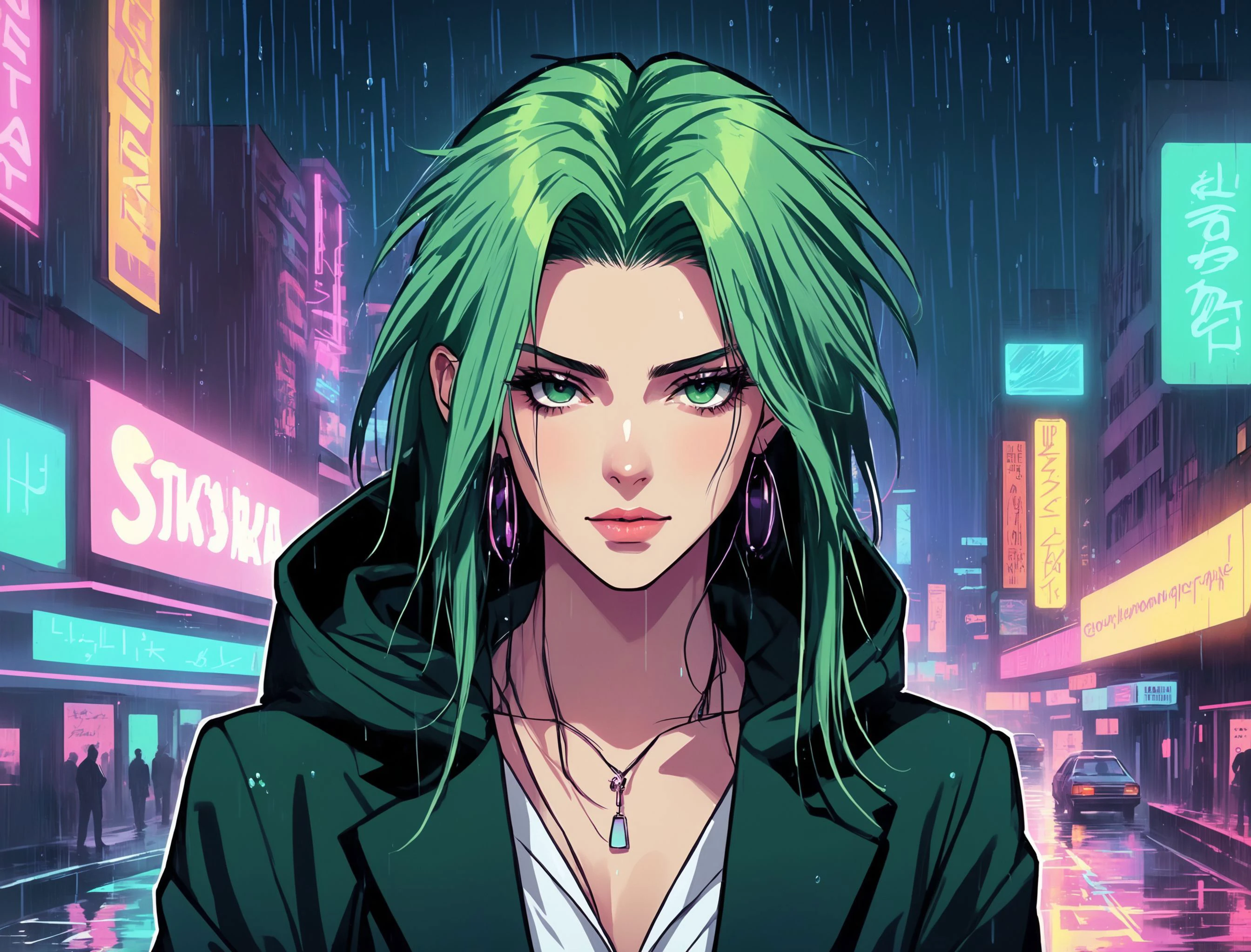 (CHELSEA), nighttime, cyberpunk city, dark, raining, neon lights ((,Wearing a blazer over a hoodie)), blazer, hoodie, (<lora:pastel_colors_xl_v1:0.8> pastel colors ), cyberpunk, synthwave, 1980s, futurism, brutalism, neuromancer, cinematic photo in Worcester, Radial balance, Sunrise, Water, Ellipse, ultra detailed, intricate,,((art by John Skinner Prout)),detailed hair, long hair, green hair