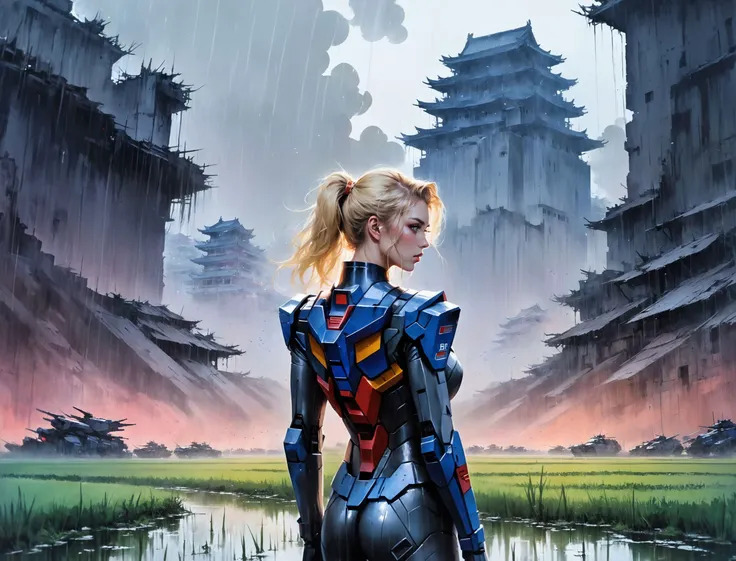 (a girl with a beautiful face), nighttime, cyberpunk city, dark, raining, neon lights , (<lora:sdxl_loha_RX78_v2:0.5> gundam\(rx78\), mobile suit, mecha armor, body suit ,<lora:pastel_colors_xl_v1:0.8> pastel colors ), cyberpunk, synthwave, 1980s, futurism, brutalism, neuromancer, cinematic photo in China, Amid the ruins of a once-majestic fortress, a soldier pauses, her silhouette ghostly against the backdrop of shifting terrains that oscillate between detailed battle maps and molten landscapes, Tornado, Barren trees, Menacing,,detailed hair, detailed hair, dirty blonde hair,art by Agnes Cecile,in a rice paddy field,Power girl, supergirl, blonde