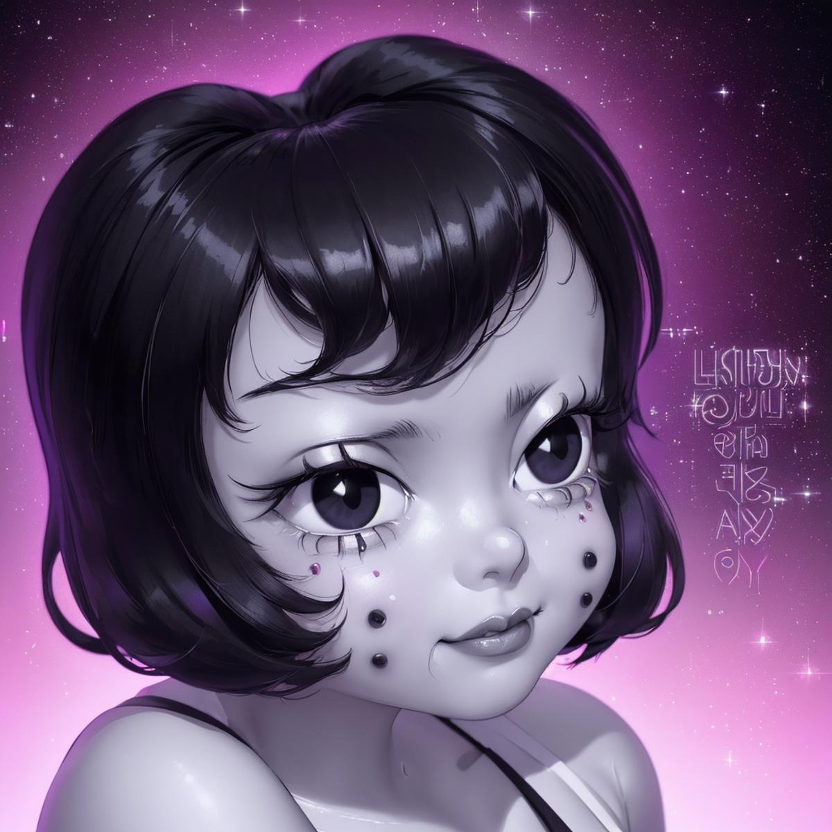 A close up of a cartoon girl with a black hair and a white dress ...