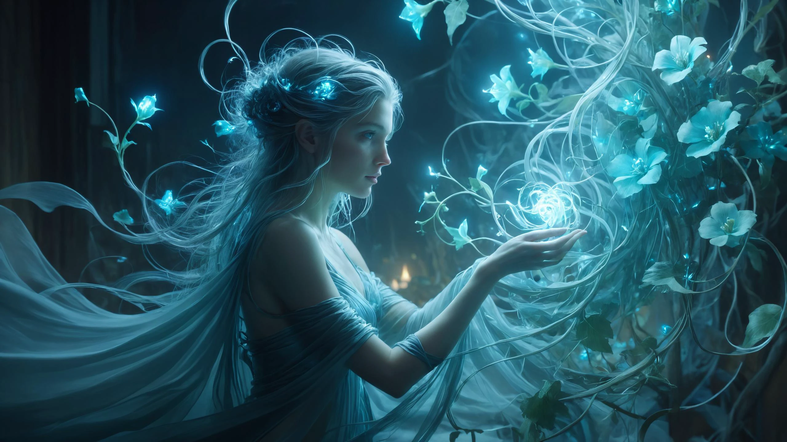 tempestmagic Invasive vines with paralyzing toxins,, Candlelight,, sharp focus, ethereal transparent cloth with a cyan glowing bloom, detailed, cinematic lighting, by Artgerm, Rutkowski, Mucha Klimt, Craig Mullins and, exoskeleton, digital art, trending on artstation<lora:Tempest_Magic_-_XL_Grimoire:0.8> <lora:RMSDXL_Creative:0.4> <lora:pastel_colors_xl_v3:0.7>