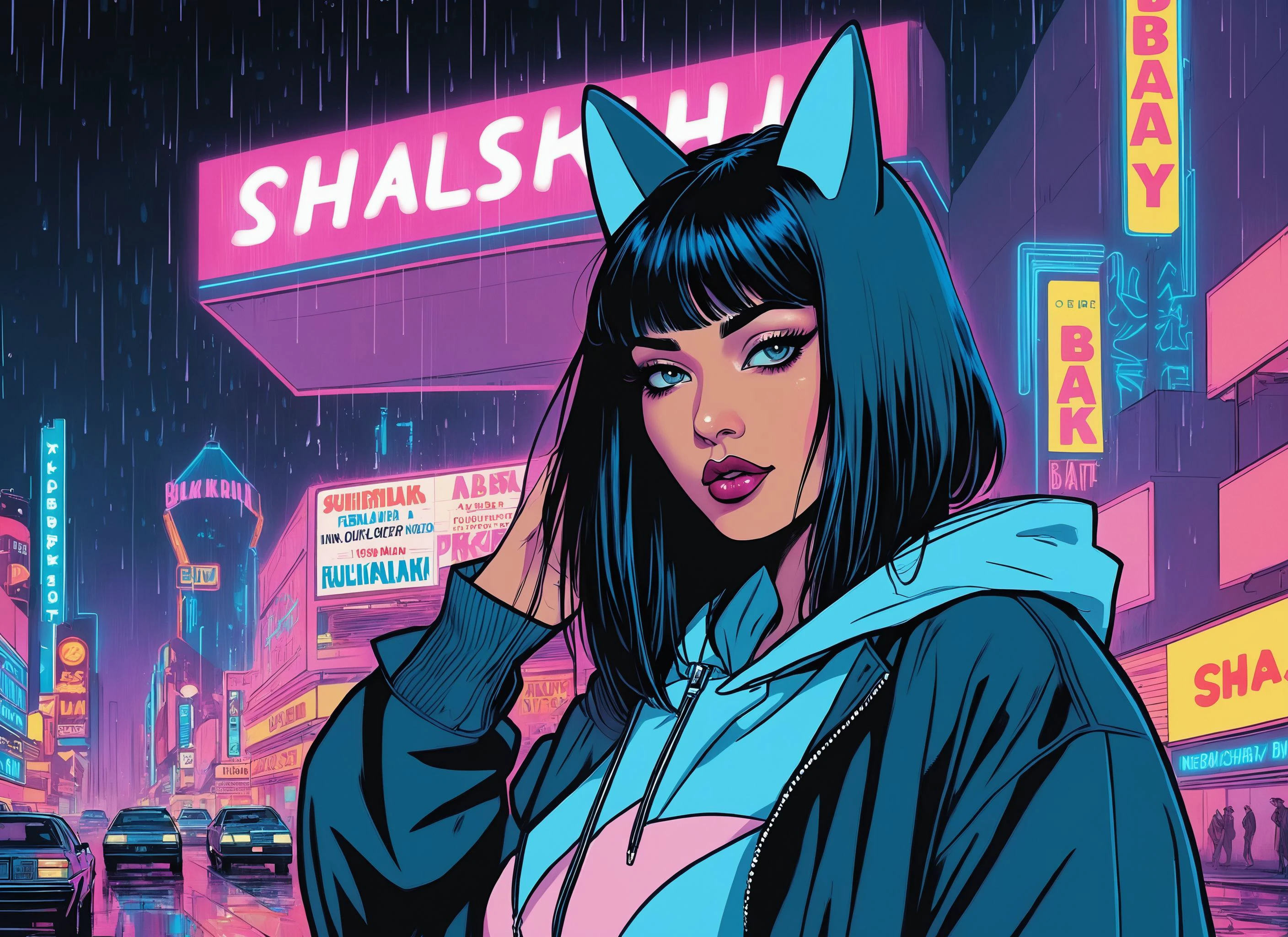 (a girl with a beautiful face), nighttime, cyberpunk city, dark, raining, neon lights , (<lora:pastel_colors_xl_v1:0.8> pastel colors ), cyberpunk, synthwave, 1980s, futurism, brutalism, neuromancer, cinematic photo in las vegas, ((pinkfong shark)),art by enki bilal, art by philippe druillet, art by moebius, inspired by french comics art