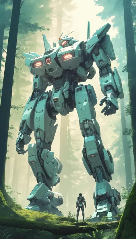 Cinematic scene, hero view, giant mecha in the forest, action pose, sci-fi, detailed background, masterpiece, best quality, high quality, highres, absurdres, pastel colors <lora:pastel_colors_xl_v3:1>