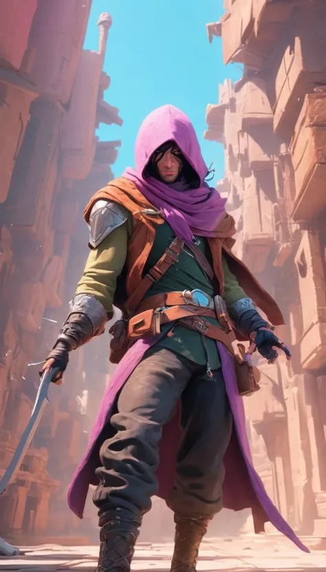 Cinematic scene, hero view, hyperdetailed picture of a fantasy rogue, action pose, detailed background, masterpiece, best quality, high quality, highres, absurdres, vivid, pastel colors <lora:pastel_colors_xl_v3:1>