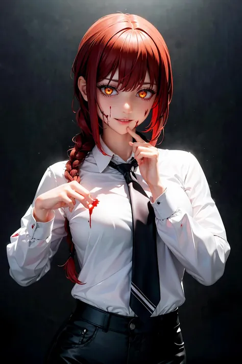 (masterpiece:1.2),(best quality:1.2),4K,highres,1girl,<lora:makima_offset:0.8>,makima \(chainsaw man\),best quality,ultra detailed,1girl,solo,standing,red hair,long braided hair,golden eyes,bangs,medium breasts,white shirt,necktie,stare,smile,(evil:1.2),looking at viewer,(interview:1.3),(black,long pants:1.2),(glowing eyes:1.4),
Break,
(blood background:1.2),