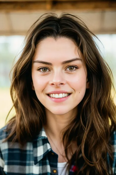 RAW photo of (bomaerten_v2c:0.99), closeup portrait, smile, happy, (plaid flannel shirt with distressed boyfriend jeans), (analog, film, film grain:1.3)