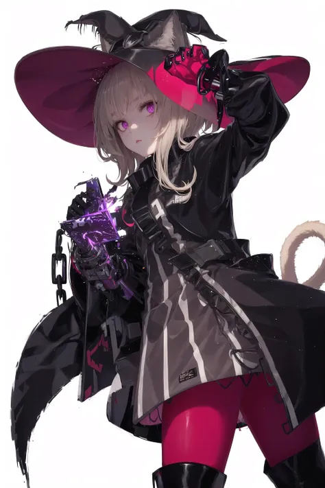 (flat color),colorful,(masterpiece:1,2), best quality, masterpiece, highres, original, extremely detailed wallpaper, looking at viewer, (white background), detailed face, (intricate mecha bodystocking), masterpiece, best quality, jiangshi, pale skin, purple eyes, expressionless, mechanical tentacles, mecha, cyberpunk, wearing mechanical armor suit, science fiction, blue, earphones, (LED lights decoration),slime,hat,
[neon palette, neon lights, Wire, Transmission tube, electric, energetic],
chinese clothes, china dress,
[[skull, bones, exo-skeleton]],
cowboy shot, girl focus,origin, 1girl, solo,chain, book, cat tail, long sleeves, looking at viewer, pantyhose, artist name, black gloves, red pantyhose, boots, gloves, dress, black footwear,black dress  <lora:haze-pynoise:1>
