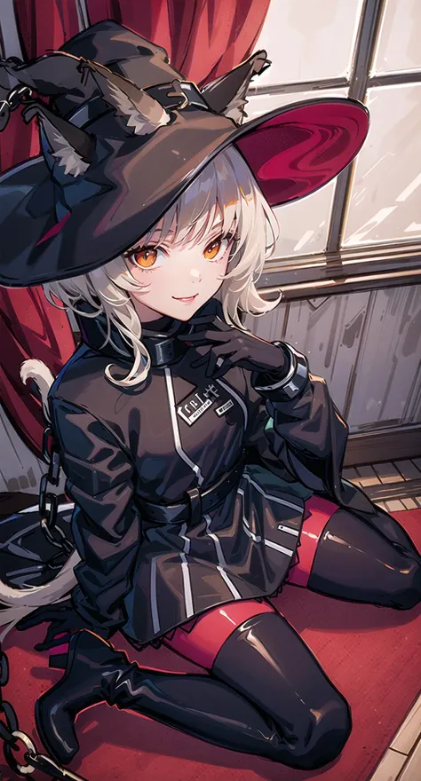 (masterpiece,best quality, detailed), indoors, looking at viewer, 1girl, solo, full body, from above, smile, sitting, wariza,
origin, 1girl, solo, cat tail, gloves, chain, cat girl, pantyhose, black gloves, boots, black footwear, long sleeves <lora:haze-pynoise-000009:1>