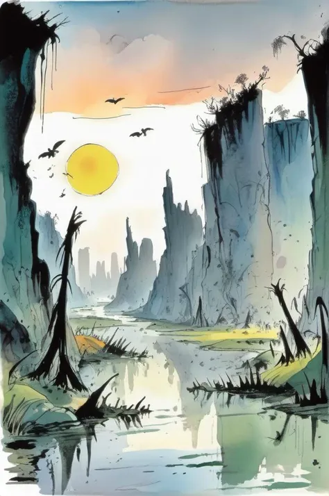 <lora:Quentin Blake Style:1>Quentin Blake Style , cartoon, illustration, swamp valley surrounded by high rocky cliffs, dawn,