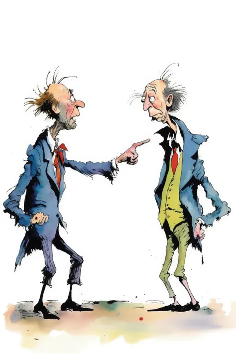 <lora:Quentin Blake Style:1>Quentin Blake Style - A full color illustration of a man pointing a finger at another man in the style of Quentin Blake