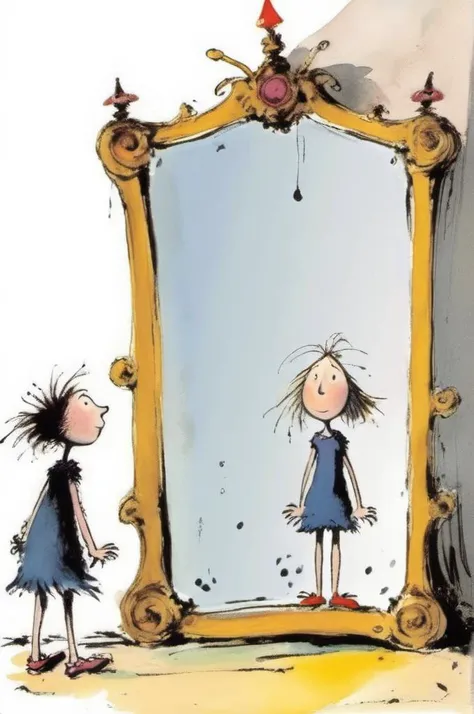 <lora:Quentin Blake Style:1>Quentin Blake Style - a teenage girl discovered a big mirror that reflected not only her physical appearance but also her inner self. As Maya gazed into the mirror, she saw her dreams, passions, and strengths reflected back at her. quentin blake style