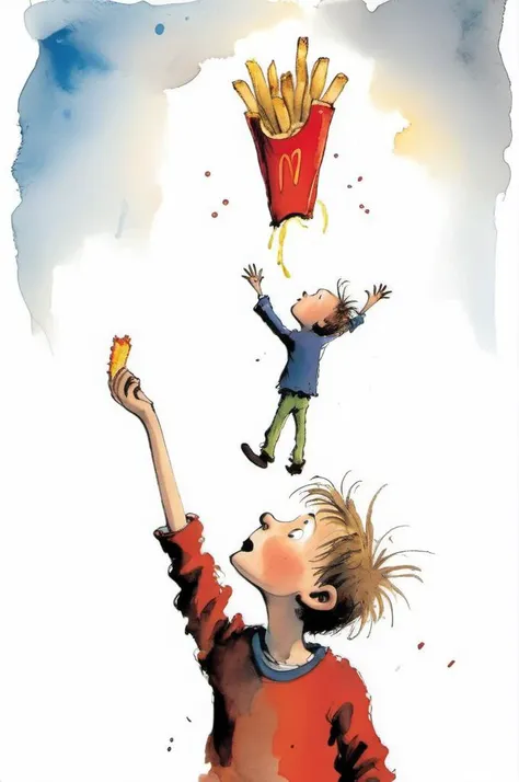<lora:Quentin Blake Style:1>Quentin Blake Style - boy looking up and holding up a french fry