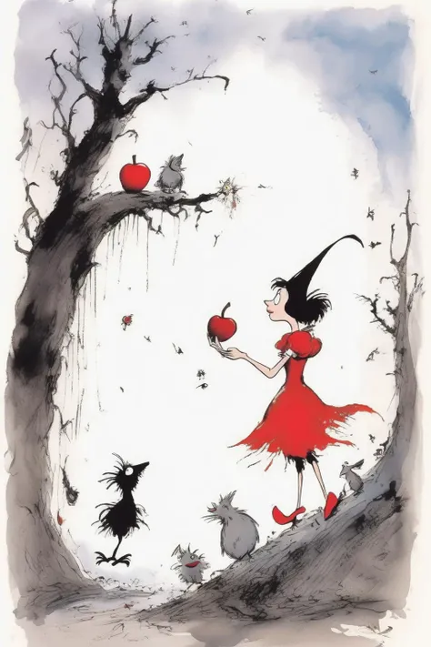 <lora:Quentin Blake Style:1>Quentin Blake Style - As you continue your creative journey, imagine yourself diving into the whimsical world of Quentin Blake's illustrations. With a twist of mischief and a sprinkle of magic, you embark on the task of crafting an image of Snow White in the distinctive style of Blake's "Revolting Rhymes." Embrace the essence of his black and white line drawings, where characters come to life with expressive gestures and lively strokes. Picture Snow White, her hair as dark as ebony, and her skin as fair as freshly fallen snow. Explore the theme of contrast in your drawing, as Blake often does, by emphasizing the stark difference between Snow White's appearance and her surroundings. Use bold lines and intricate details to capture the playfulness and mischief that Blake's illustrations are known for. Incorporate elements from the traditional Snow White story, but feel free to add your own unique twist. Perhaps the seven dwarfs have an unconventional appearance, each with their own quirky features and personalities. Or maybe the wicked queen's mirror takes the form of a mischievous imp, ready to offer witty rhymes and riddles. Let your imagination run wild as you bring Snow White's world to life through the distinctive lens of Quentin Blake's Revolting Rhymes. As you sketch and refine your illustration, channel the spirit of Blake's work by infusing it with your own creative flair. Embrace the lively energy of his line drawings, the wit in his characters' expressions, and the mischievousness that makes his art truly one-of-a-kind. With each stroke of your pencil, immerse yourself in the enchanting world of Revolting Rhymes and give Snow White a charming twist that will captivate and delight all who behold your creation.