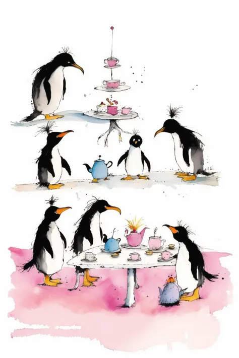 <lora:Quentin Blake Style:1>Quentin Blake Style - penguins having a tea party illustration in the style of quentin blake. Include a small toddler with blond hair with two ponytails in the centre; and include lots of references to tasmania. the whole illustration should be inside a frame with an empty banner at the bottom. White space around a square frame. Feature shades of pink.