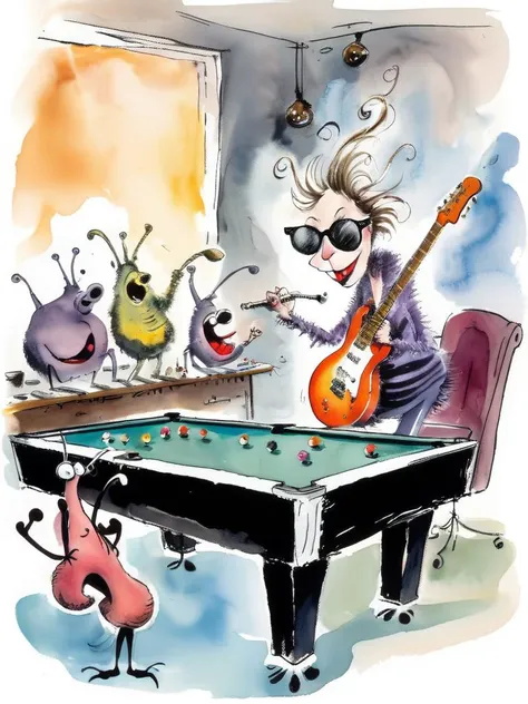 <lora:Quentin Blake Style:1>, <lora:V1nt4geKn0ck3rs_v2:0.75>,Quentin Blake Style, painting, multiple perspectives, twisted composition, the snails are rocking tonight in the club, metal music group, girl with big breasts laughing, humanoid rocks with sunglasses enjoying the show, smoking cigarette, foggy atmosphere, guitars, saxophone, pool table