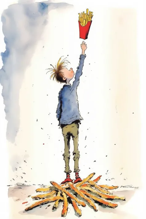 <lora:Quentin Blake Style:1>Quentin Blake Style - cartoon by quentin blake, boy looking up and holding up a french fry