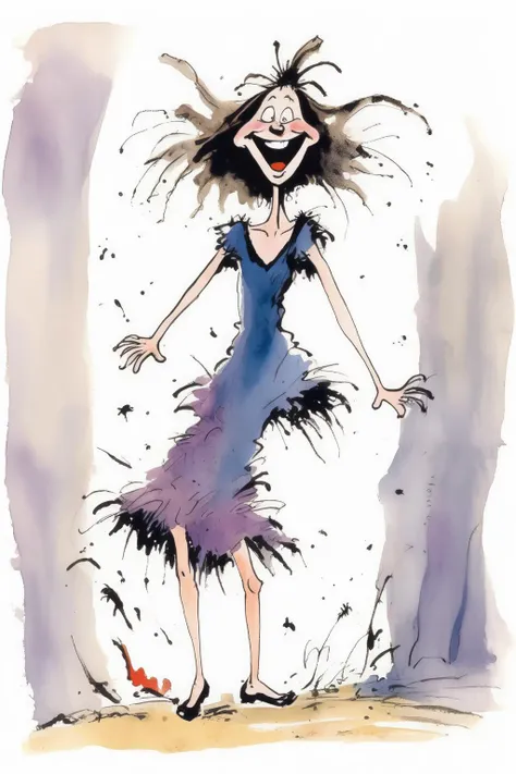 <lora:Quentin Blake Style:1>Quentin Blake Style - woman wearing short dress laughing drawn in style of Quentin Blake illustration drawing from the book The Witches