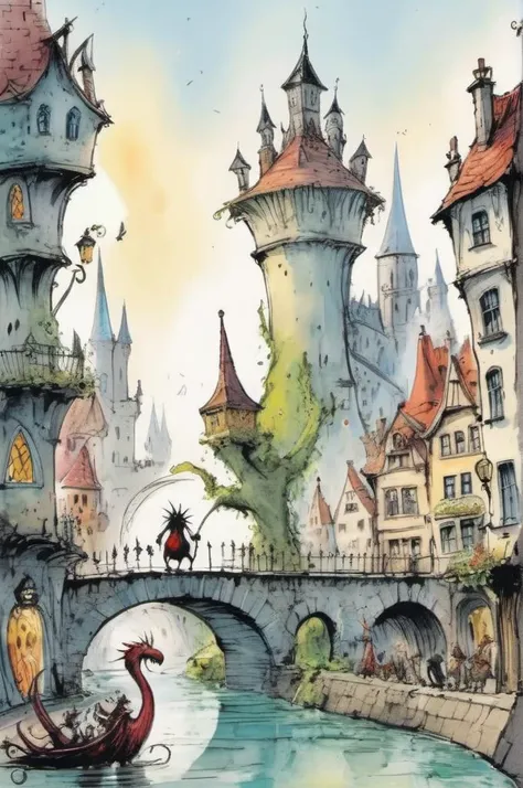 <lora:Quentin Blake Style:1>Quentin Blake Style , cartoon, illustration, a grand capital city nestled in the heart of a magical realm inspired by Dungeons and Dragons. The city stands as a testament to both architectural splendor and mystical enchantments. The streets are bustling with life, filled with a diverse array of creatures, both human and fantastical, going about their daily routines. The buildings showcase a harmonious blend of traditional medieval design and whimsical magical enhancements. Ornate bridges span over flowing rivers and canals, connecting various districts of the city. Gardens and parks are interspersed throughout, teeming with vibrant, otherworldly flora and fauna. In the central square, a magnificent fountain serves as a gathering place, its waters sparkling with magical energies.