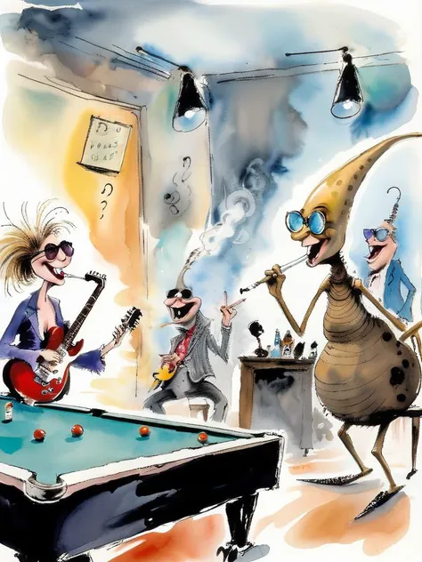 <lora:Quentin Blake Style:1>, <lora:V1nt4geKn0ck3rs_v2:0.75>,Quentin Blake Style, painting, multiple perspectives, twisted composition, the snails are rocking tonight in the club, metal music group, girl with big breasts laughing, humanoid rocks with sunglasses enjoying the show, smoking cigarette, foggy atmosphere, guitars, saxophone, pool table