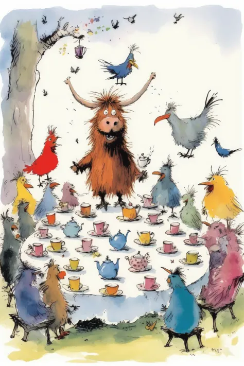 <lora:Quentin Blake Style:1>Quentin Blake Style - 102899. An illustration by Quentin Blake. A cheerful illustration of a highland cow hosting a tea party for a group of rabbits and birds.