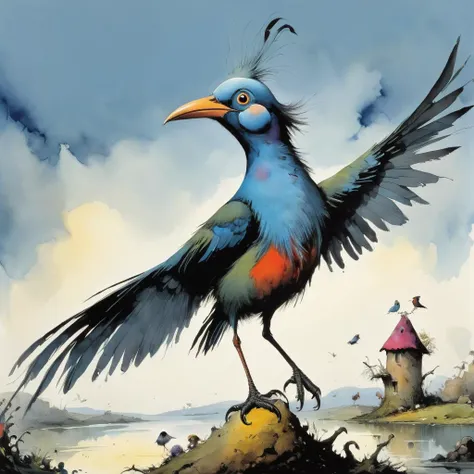 a photo of <lora:Quentin Blake Style:1> Quentin Blake Style - bird, surreal, high resolution, beautiful, highest quality, masterpiece, highly detailed