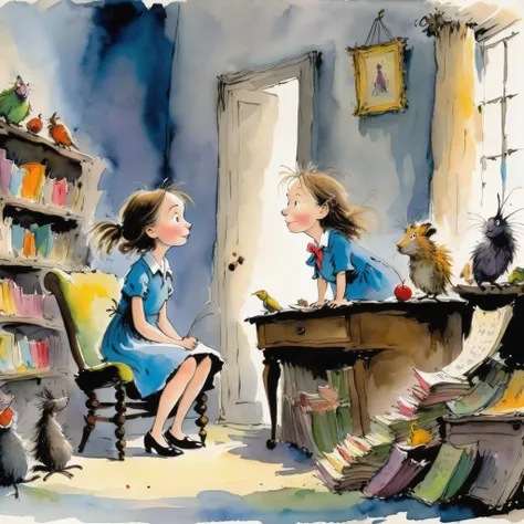 a photo of <lora:Quentin Blake Style:1> Quentin Blake Style -  matilda, high resolution, beautiful, highest quality, masterpiece, highly detailed