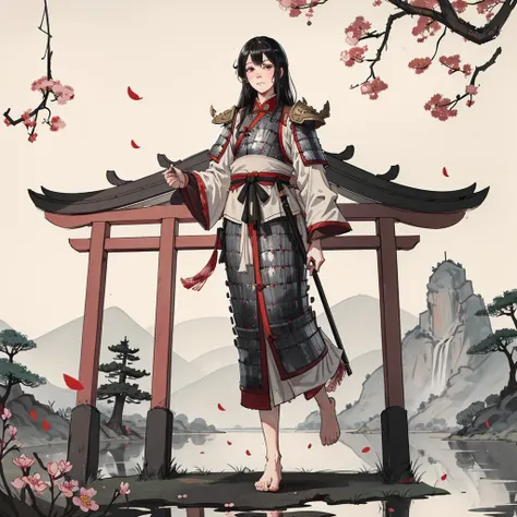1girl,solo,(beautiful detailed eyes:1.2),(beautiful detailed face:1.2),(frown,blush,endured_face,clenched teeth),long hair,black hair,floating hair,holding_polearm,fighting_stance,barefoot,Cinematic Lighting,forest,chinese style countryard,lanterns,pond,cobblestone pathway,building pavilion,chinese buildings,moutains,misty lake,ancient chinese background,puddle,after the rain,petals falling,wet grass and trees,flower sea,in a meadow,waterfall,breeze,flying splashes,flying petals,leaves,bloom,bloom effect,highres,absurdres,very aesthetic,amazing quality,best quality,masterpiece,(wh_chi_armor:1.3),<lora:wh_chi_armor:0.6>,