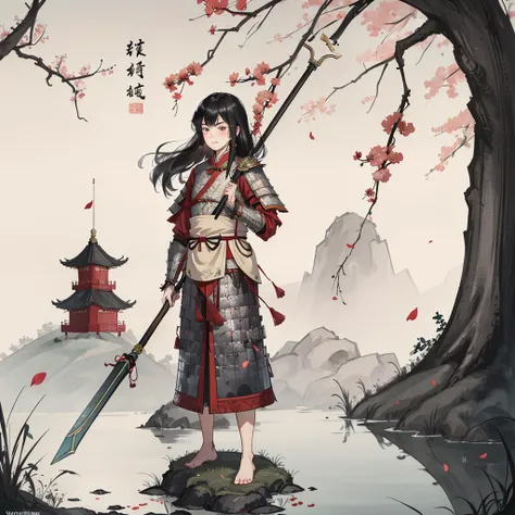 1girl,solo,beautiful detailed eyes,beautiful detailed face,(frown,blush,endured_face,clenched teeth),long hair,black hair,floating hair,holding_polearm,fighting_stance,barefoot,Cinematic Lighting,forest,chinese style countryard,lanterns,pond,cobblestone pathway,building pavilion,chinese buildings,moutains,misty lake,ancient chinese background,puddle,after the rain,petals falling,wet grass and trees,flower sea,in a meadow,waterfall,breeze,flying splashes,flying petals,leaves,bloom,bloom effect,highres,absurdres,very aesthetic,amazing quality,best quality,masterpiece,(wh_chi_armor:1.3),<lora:wh_chi_armor:0.6>,