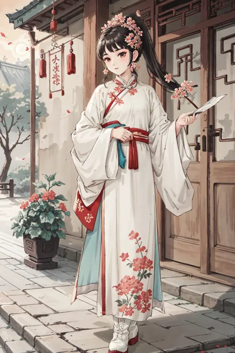 masterpiece,best best quality,sunset light,handsome (1girl) ,ponytail,chinese style archer,(Begonia flower),((beautyfull intricacy clothing)), ((decorative pattern details)),short sleeves,boots,handsome,serious, outdoors, wild,standing, long hair,looking at viewer,short hair, full body, mid shot <lora:ChineseOperaCostumes_v15:0.5>