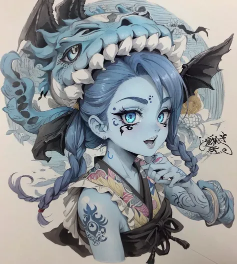 hyper detail, masterpiece, extreme detailed, high quality, highres, 1girl,( tattoo flash:1.2), tattoo dragon, slimer, svg sticker, its head is on fire, (Honolulu Blue color scheme:1.1), yokai, teeth, with japanese style tattoo design, inspired by Gigadō Ashiyuki, featured on dribble, hard-edge painting, in the style of classic tattoo motifs, cartooncore, traditional Vietnamese,