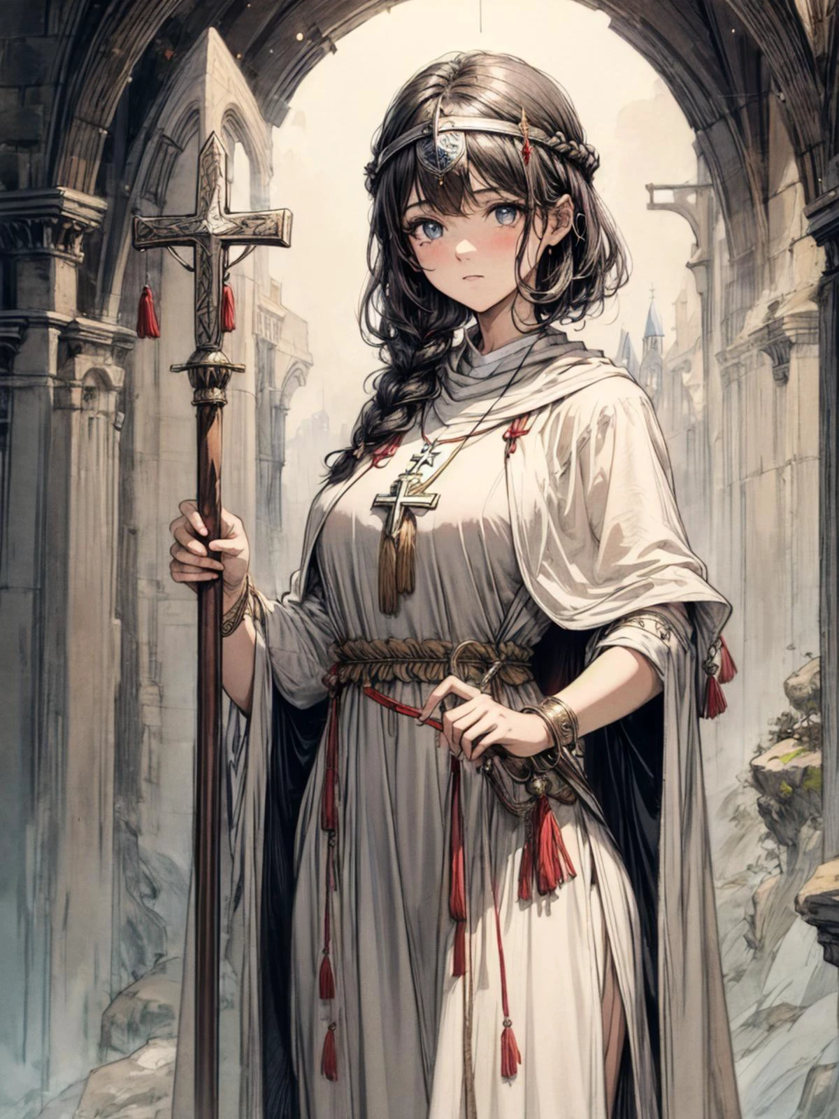 (masterpiece, best quality, ultra detailed, 4k:1.3) <lora:add_detail:1>, fantasy world, <lora:MAAA:0.5> <lora:fantasy_20230707233406:0.2>, COWBOY SHOT,
1girl, (large breasts:0.35), gray eyes, beautiful eyes, sparkling eyes, (black short hair, Fishtail), (circlet), (white priestess dress:1.4), (plump body type:0.275), holy pendant, STAFF, (slight smile:0.35),
dungeon, underground, <lora:dungeon_v2.0:0.2>, cathedral,