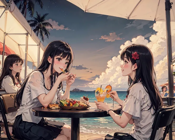 ((masterpiece,best quality)), close up:1.2, upper body, dynamic angle:1.5, center,

((4girls)), insanely detailed faces, colorful hair, 
nose blush, smile, sitting in the restaurant, eating food, cottage, swimsuits, skirt, shirts, hair ornaments, hibiscus,

(sky, clouds, summer scenery, (night:1.5, desklamp, classical street lamp), beach resort:1.5, crowded:1.7, water park, amusement park, umbrella on ground, cityscraper in distance, small islands, colorful birds, palm tree, tent, insanely detailed)

((cocktail)) , sandwich, pizza, fruits, fingerfood, salad, fruits