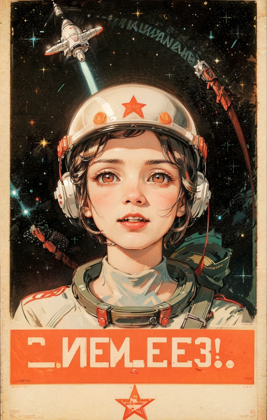 1girl,flat_breasts,cute,beautiful detailed eyes,shiny hair,visible through hair,hairs between eyes, CCCPposter, sovietposter,red monochrome,soviet poster, soviet,communism,
Black_hair,red_eyes,vampire,age,poorbreast,Spacesuit:Orange_clothing_body:jumpsuit),white_gloves, white_space shoes, white_helmet, the CCCP red letters on the top of helmet, weightlessness, Side light, reflection, The person in the spacesuit is at the bottom left of the frame, The right hand is outstretched, the right hand gently touches the Salyut space station), Space station in the upper right corner of the screen, Reflected light from the sun, Silver metal,red flag, brilliance,USSR style, diffuse reflection, Metallic texture, The vista is a blue Earth,mecha style,the sea of star,high tone, magnificent