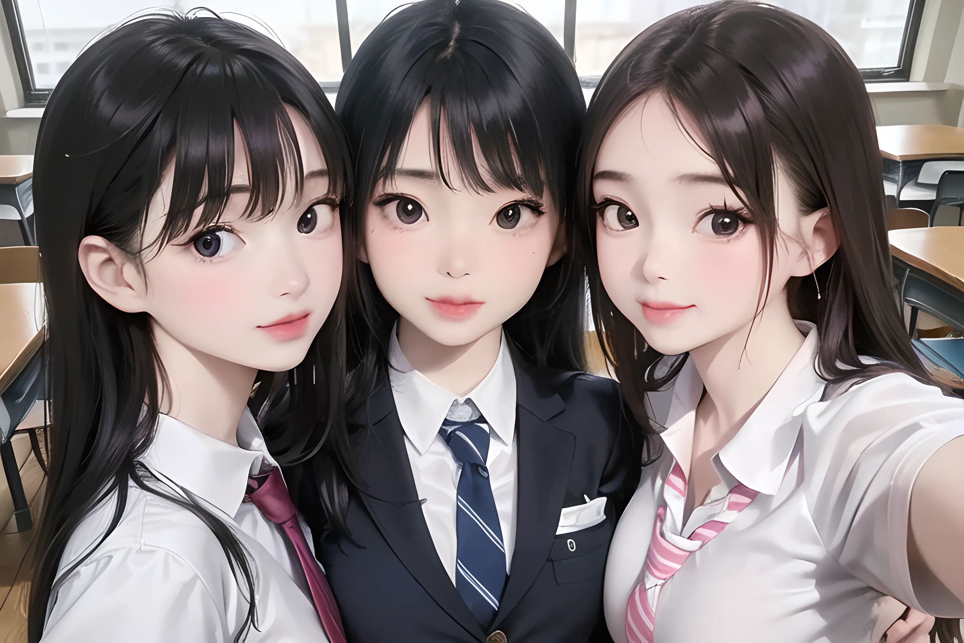(photorealistic:1.3), (3girls:1.6),
setting, a photograph of a 1girl student taking (front facing camera selfie:1.6) and of the (2 other girl student beside her:1.3),
(they all wearing schoolgirl uniform:1.1), one has a black long hair, one has a short black hair, one has brown medium hair, they all have a rather big breast for a high school students,
background, classroom, before class begins, windows on the back side,
camera, close-up on the one taking selfie, crop legs, best quality, ultra high res, realistic background, photorealistic eyes, realistic cloth, (no make-up:1.3), looking at viewer, japan classroom, best quality, ultra highres, hyperrealistic,