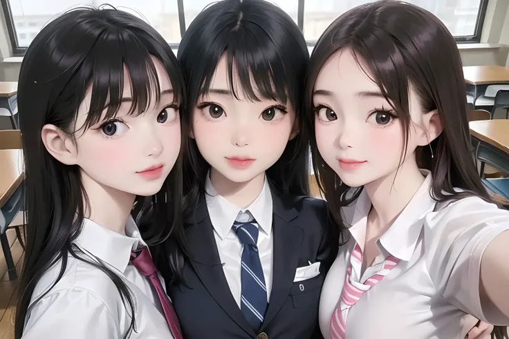 (photorealistic:1.3), (3girls:1.6),
setting, a photograph of a 1girl student taking (front facing camera selfie:1.6) and of the (2 other girl student beside her:1.3),

(they all wearing schoolgirl uniform:1.1), one has a black long hair, one has a short black hair, one has brown medium hair, they all have a rather big breast for a high school students,

background, classroom, before class begins, windows on the back side,

camera, close-up on the one taking selfie, crop legs, best quality, ultra high res, realistic background, photorealistic eyes,  realistic cloth, (no make-up:1.3), looking at viewer, japan classroom, best quality, ultra highres, hyperrealistic,