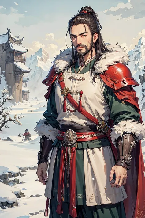 1 man,man focus,facial_hair,solo,beard,manly,sword,<lora:chineseMaleLikeness_chineseMaleLikeness3:0.4>, chinese armor,scenery,snow,great_wall_of_china,