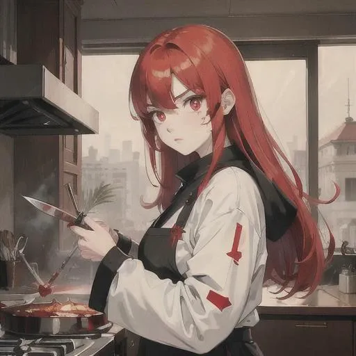the tough girl who cooks,a bloody knife,(fiery gaze), red hair, beatiful eye, red eyes