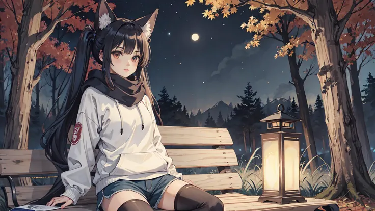 well defined female,fox ears,fox tail,sitting on a bench,thighhighs,shorts,hoodie with design,scarf,long messy shiny dark blue hair,long messy twintails,deep in the forest,autumn,windy,lanterns,night sky,night,