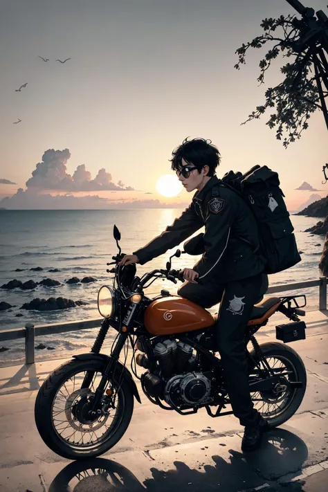 a boy riding an old motorcycle on the highway,short black hair,goggles,military_jacket,bikesuit,backpack,silhouette,ringbag,scenery,vision,landscape,side,coast,reef,dusk,sunset,sea surface,sparkling,seagull,coconut tree,, masterpiece,best quality,highly detailed,Amazing,finely detail,extremely detailed CG unity 8k wallpaper,score:>=60,, incredibly absurdres,wallpaper,realistic,real,photo,landscape,foreshortening,