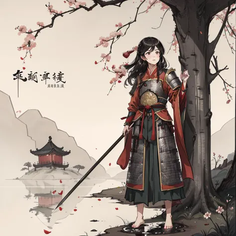1girl,solo,(beautiful detailed eyes:1.2),(beautiful detailed face:1.2),(frown,blush,endured_face,clenched teeth),long hair,black hair,floating hair,holding_polearm,fighting_stance,barefoot,Cinematic Lighting,forest,chinese style countryard,lanterns,pond,cobblestone pathway,building pavilion,chinese buildings,moutains,misty lake,ancient chinese background,puddle,after the rain,petals falling,wet grass and trees,flower sea,in a meadow,waterfall,breeze,flying splashes,flying petals,leaves,bloom,bloom effect,highres,absurdres,very aesthetic,amazing quality,best quality,masterpiece,(wh_chi_armor:1.3),<lora:wh_chi_armor:0.6>,