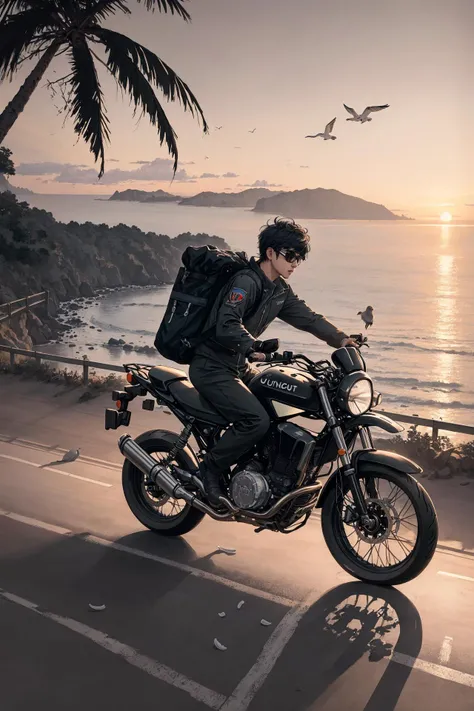 a boy riding an old motorcycle on the highway,short black hair,goggles,military_jacket,bikesuit,backpack,silhouette,ringbag,scenery,vision,landscape,side,coast,reef,dusk,sunset,sea surface,sparkling,seagull,coconut tree,, masterpiece,best quality,highly detailed,Amazing,finely detail,extremely detailed CG unity 8k wallpaper,score:>=60,, incredibly absurdres,wallpaper,realistic,real,photo,landscape,foreshortening,