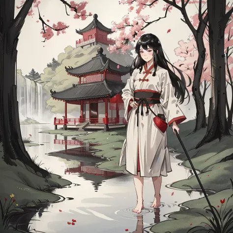 1girl,solo,(beautiful detailed eyes:1.2),(beautiful detailed face:1.2),(frown,blush,endured_face,clenched teeth),long hair,black hair,floating hair,holding_polearm,fighting_stance,barefoot,Cinematic Lighting,forest,chinese style countryard,lanterns,pond,cobblestone pathway,building pavilion,chinese buildings,moutains,misty lake,ancient chinese background,puddle,after the rain,petals falling,wet grass and trees,flower sea,in a meadow,waterfall,breeze,flying splashes,flying petals,leaves,bloom,bloom effect,highres,absurdres,very aesthetic,amazing quality,best quality,masterpiece,(wh_chi_armor:1.3),<lora:wh_chi_armor:0.6>,