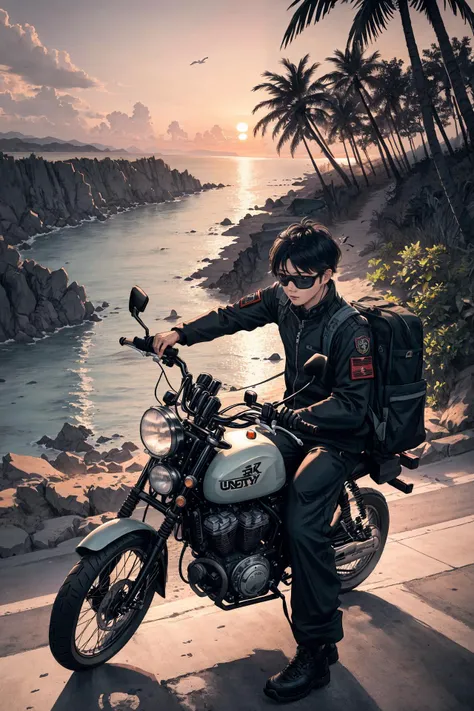 a boy riding an old motorcycle on the highway,short black hair,goggles,military_jacket,bikesuit,backpack,silhouette,ringbag,scenery,vision,landscape,side,coast,reef,dusk,sunset,sea surface,sparkling,seagull,coconut tree,, masterpiece,best quality,highly detailed,Amazing,finely detail,extremely detailed CG unity 8k wallpaper,score:>=60,, incredibly absurdres,wallpaper,realistic,real,photo,landscape,foreshortening,