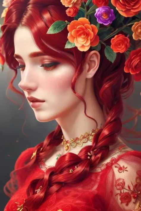 (Award Winning Digital Artwork:1.3) of (Masterpiece:1.3) a woman in red dress, flowers in hairs <lora:MoxinLoraMoxinAssist_20230326:0.6>, epic, intricate details, hyperdetailed, (close up:0.5),CGSociety,ArtStation,(close portrait:1.3),thematic background
