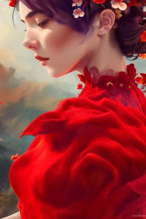 (Award Winning Digital Artwork:1.3) of (Masterpiece:1.3) a woman in red dress, flowers in hairs <lora:MoxinLoraMoxinAssist_20230326:0.8>, epic, intricate details, hyperdetailed, (close up:0.5),CGSociety,ArtStation,(close portrait:1.3),thematic background