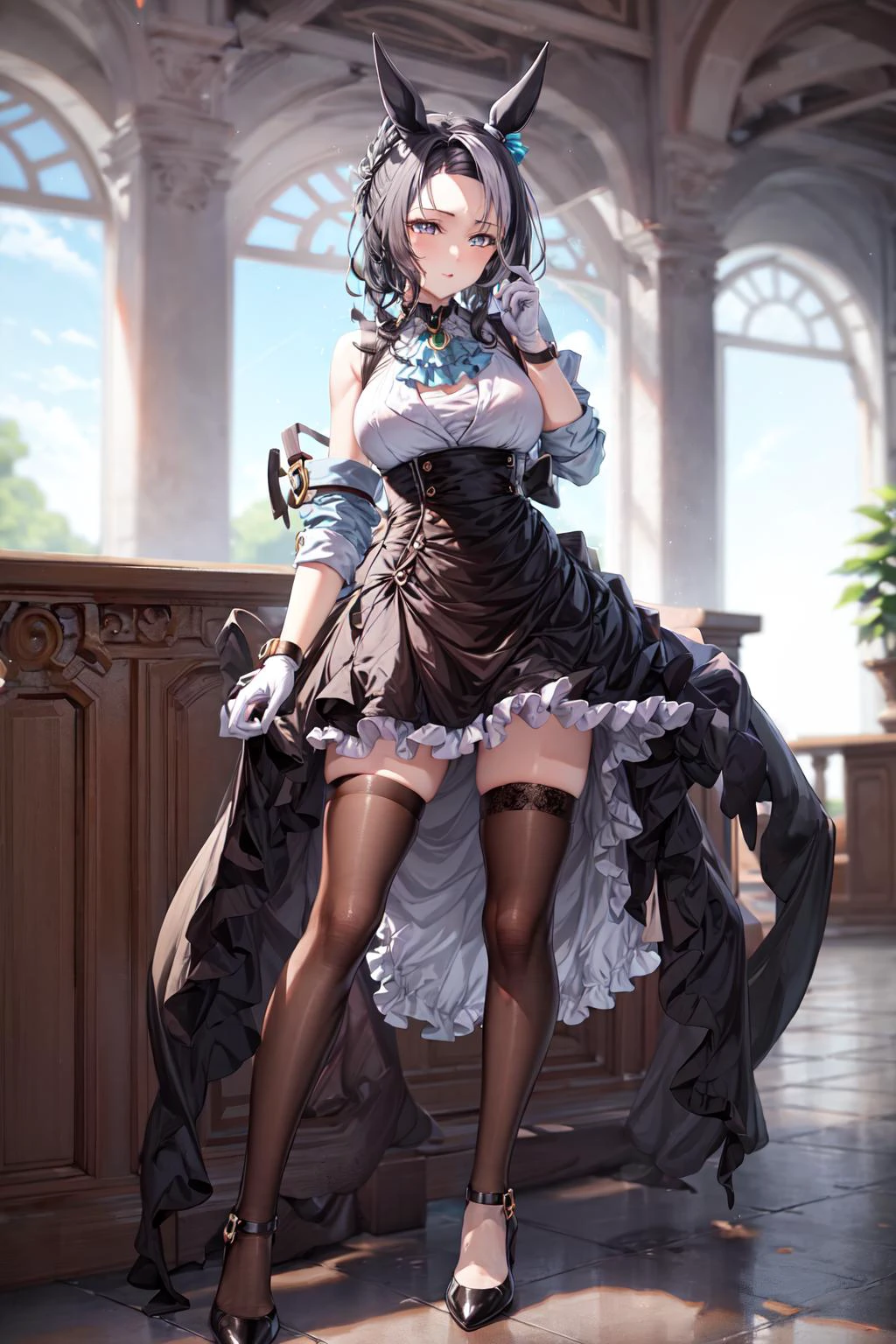 masterpiece, best quality,
mejiro ramonu \(umamusume\),
standing,
ear piercing, white glove, single glove, wristband, white shirt, blue ascot, open clothes, white jacket, cropped jacket, long sleeves, high-waist skirt, black skirt, frills, single thighhigh, black thighhighs, asymmetrical legwear, white footwear, black footwear, high heels, mismatched footwear,
<lora:mejiro_ramonu_loha:0.7>