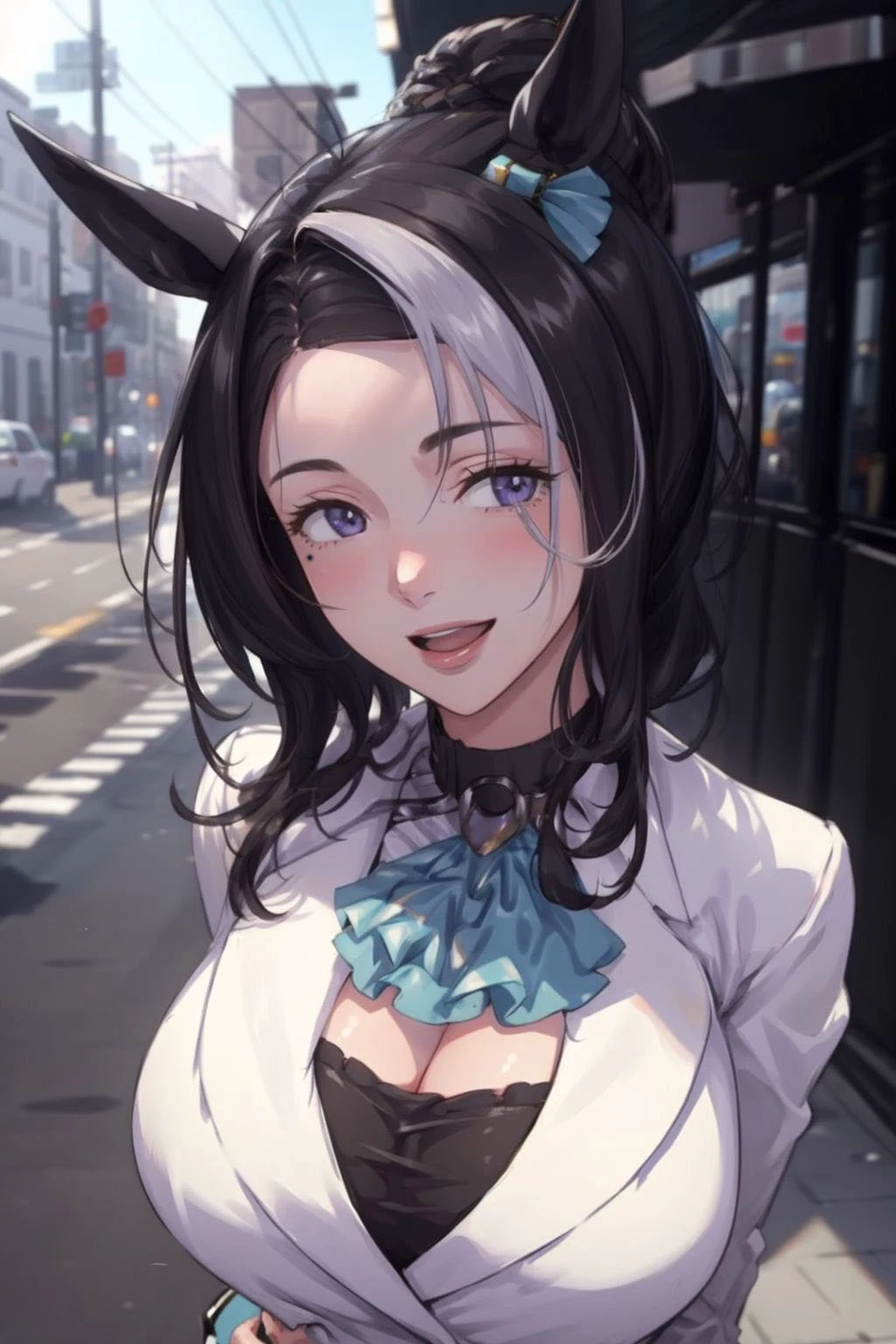 1girls, solo, Mejiro Ramonu \(umamusume\), ear piercing, white glove, single glove, wristband, white shirt, blue ascot, open clothes, white jacket, cropped jacket, long sleeves, breasts ,outdoors ,<lora:mejiro_ramonu_loha-000010:0.8>, Volumetric Lighting, Best Shadows, (masterpiece, best quality:1.3),ultra-detailed,clear skin,mom,milf,long face ,huge breasts, arms behind back, smile,open mouth, shy, pov, looking at viewer, tight, upper body, ((close-up))