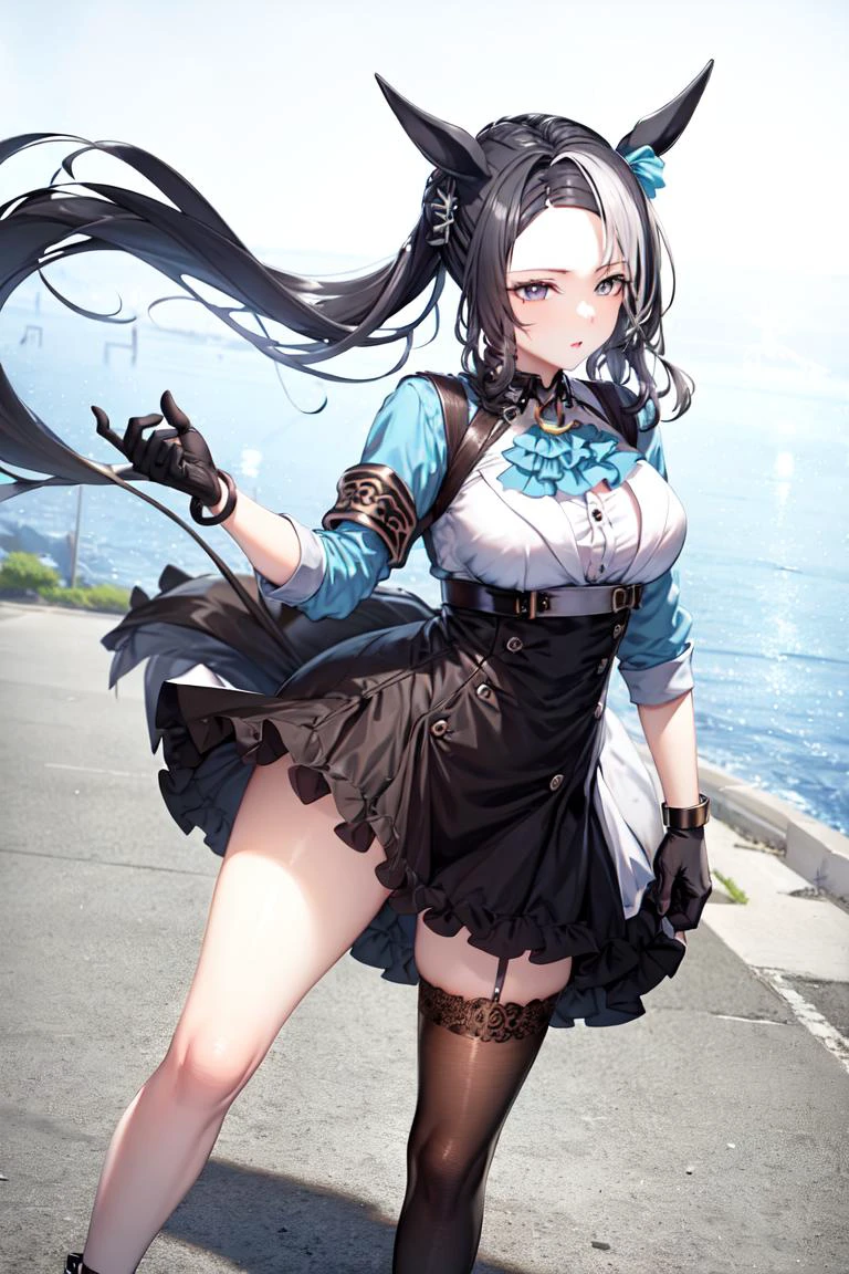 masterpiece, best quality,
mejiro ramonu \(umamusume\),
standing,
ear piercing, single glove, wristband, white shirt, blue ascot, open clothes, white jacket, cropped jacket, long sleeves, high-waist skirt, black skirt, frills, single thighhigh, black thighhighs, asymmetrical legwear, white footwear, black footwear, high heels, mismatched footwear,
<lora:mejiro_ramonu_loha:0.7>