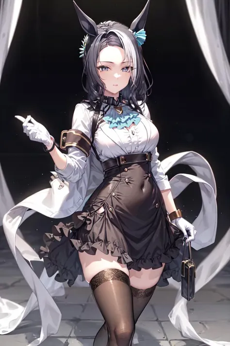 masterpiece, best quality, 
mejiro ramonu \(umamusume\),
standing,
ear piercing, white glove, single glove, wristband, white shirt, blue ascot, open clothes, white jacket, cropped jacket, long sleeves, high-waist skirt, black skirt, frills, single thighhigh, black thighhighs, asymmetrical legwear, white footwear, black footwear, high heels, mismatched footwear, 
<lora:mejiro_ramonu_loha:0.7>