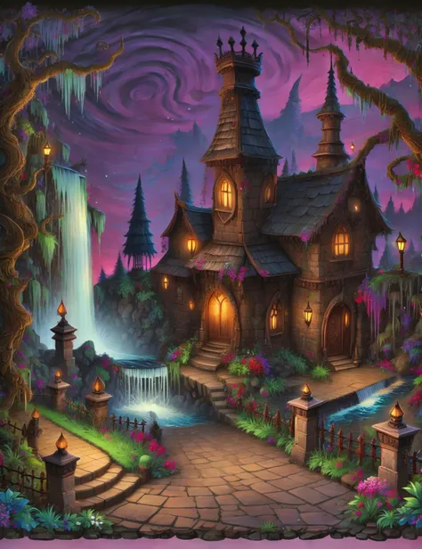 DonM7w1573dW0nd3rl4nd, waterfalls, chimney pot,sidewalk, <lora:DonM7w1573dW0nd3rl4nd-000008:1>